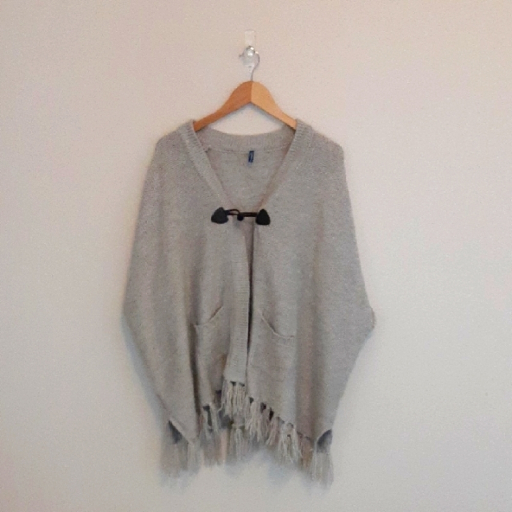 Gray Poncho Sweater with Fringe and V-Neck